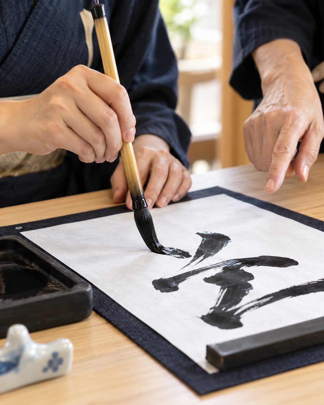 Close-up of hands using a traditional brush and ink for Japanese calligraphy