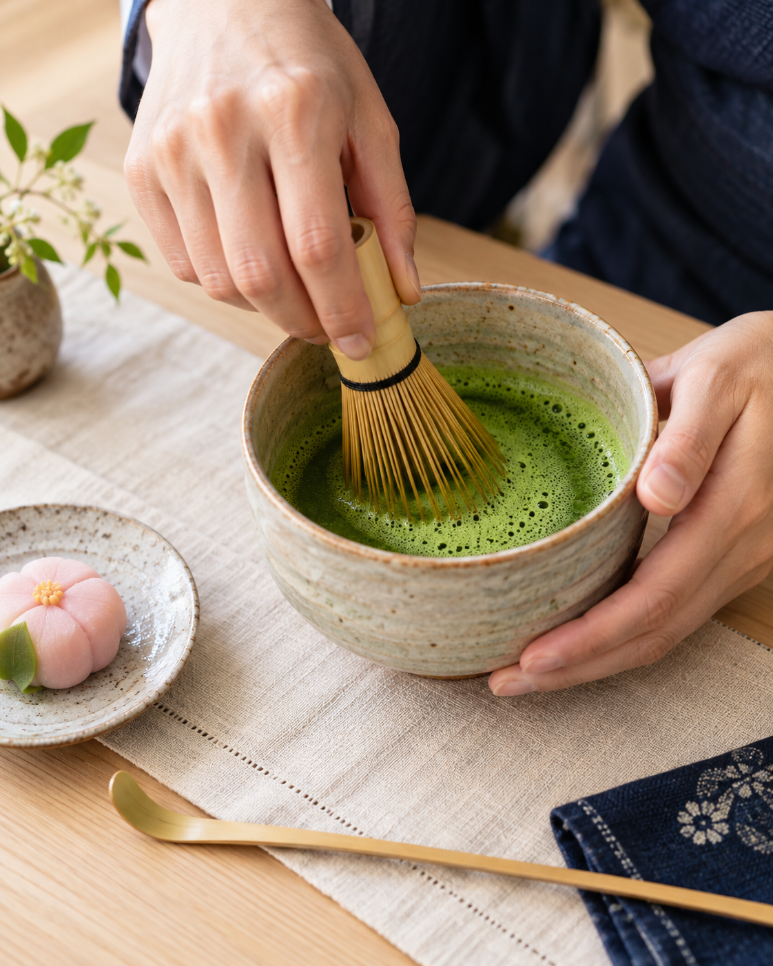 Close-up of hands whisking matcha in a ceramic tea bowl